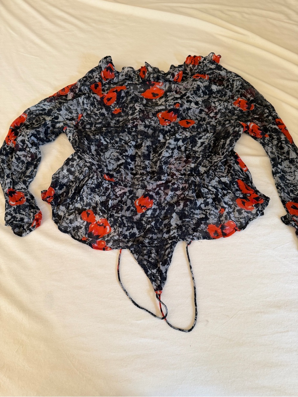IRO Black Sheer Floral Ruffle Tie Blouse with Red Accents